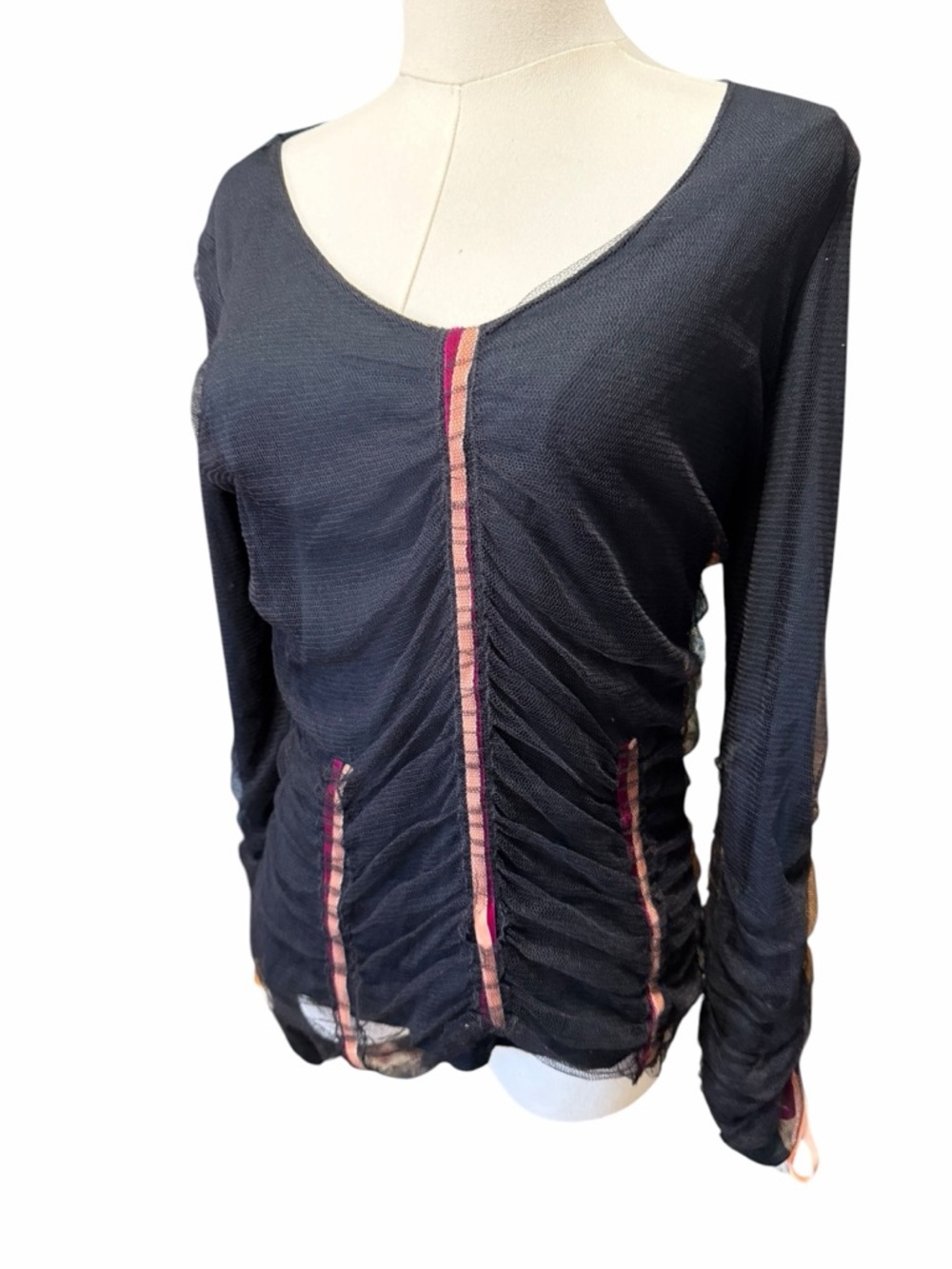 Roberta Scarpa Wool Silk Blend Black Ruched Long-Sleeve Pink Stripe Detail Sz 10